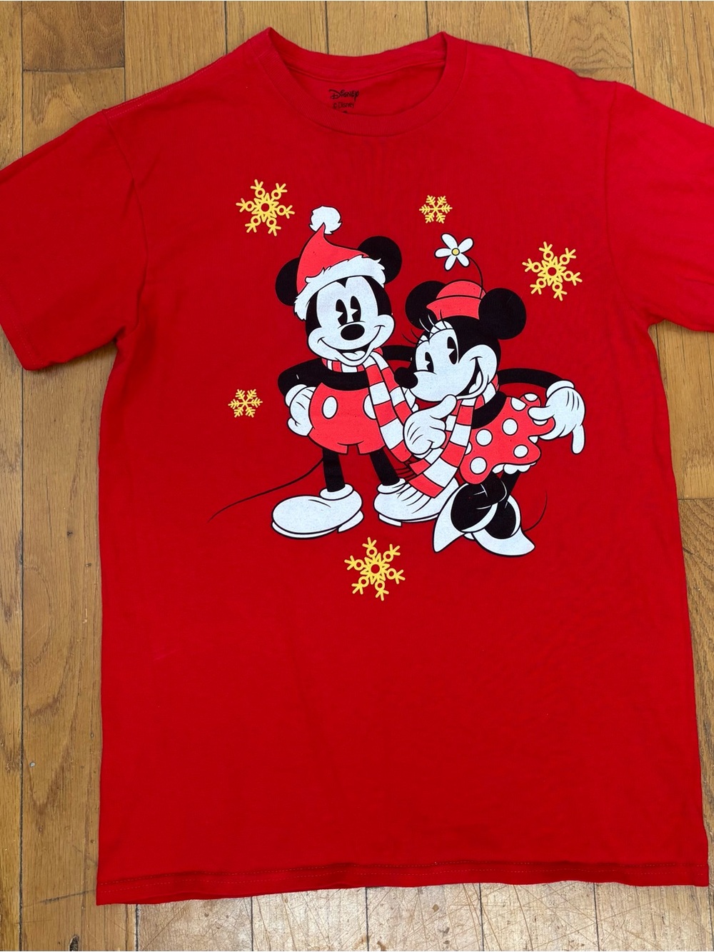 Disney Red Mickey & Minnie Holiday Graphic Tee with Yellow Snowflakes Small